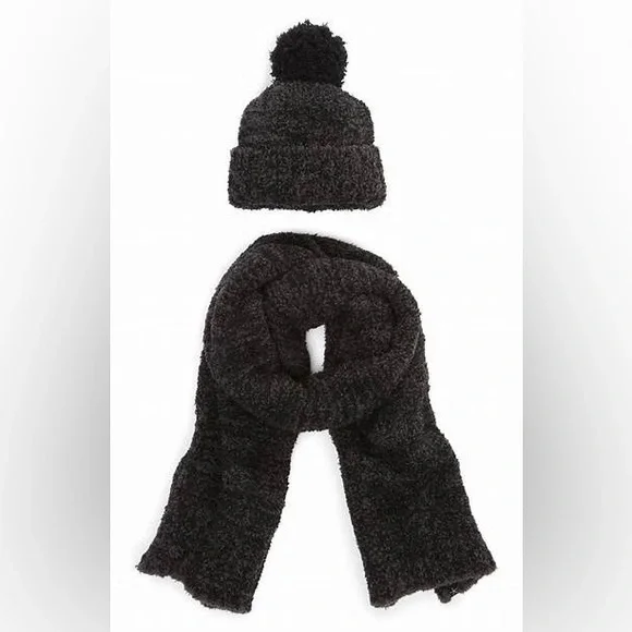 Barefoot Dreams CozyChic Pom Pom Beanie Hat & Scarf Gift Set Carbon Black NWT Barefoot Dreams | Accessories | Nwt Barefoot Dreams Cozychic  main image 4